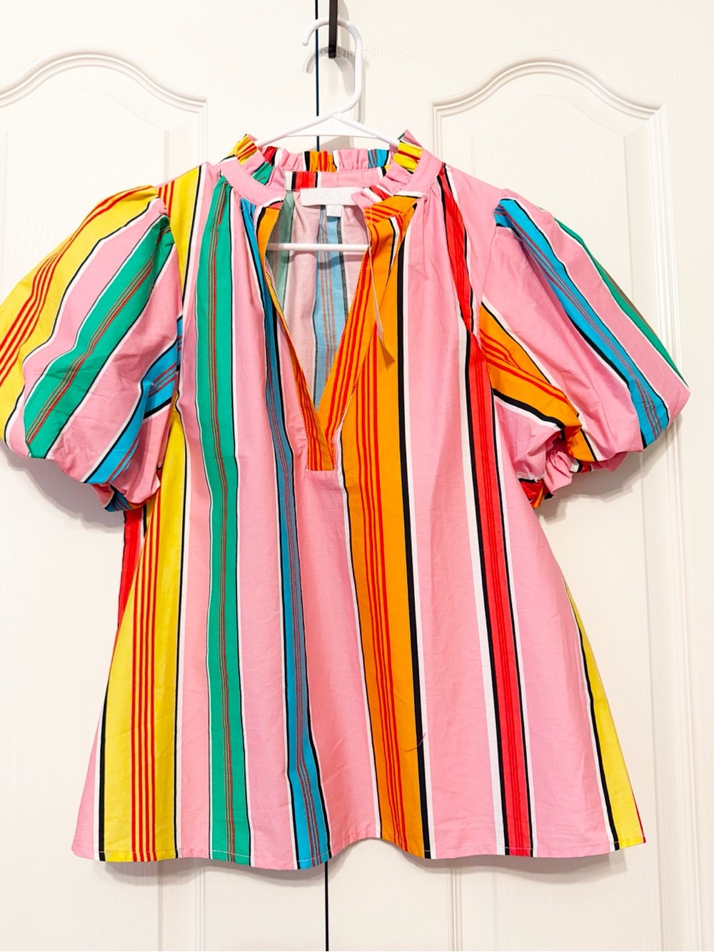 Sugarlips Claudette Multicolor Vertical Stripe Puff Sleeve Top X-Small NWT